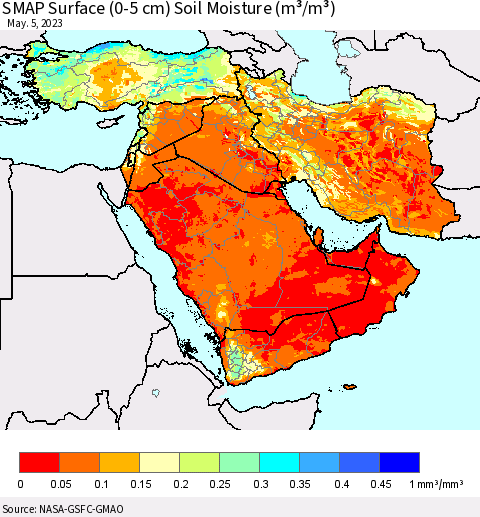 Middle East and Turkey SMAP Surface (0-5 cm) Soil Moisture (m³/m³) Thematic Map For 5/1/2023 - 5/5/2023