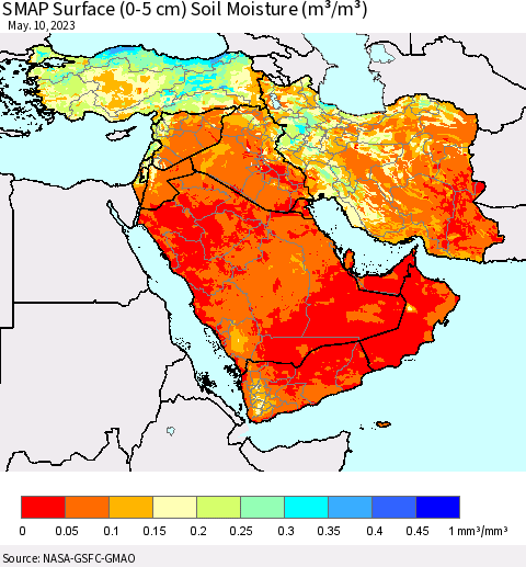 Middle East and Turkey SMAP Surface (0-5 cm) Soil Moisture (m³/m³) Thematic Map For 5/6/2023 - 5/10/2023