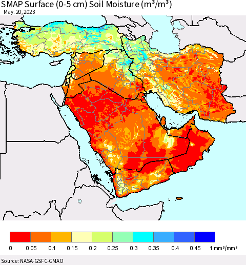 Middle East and Turkey SMAP Surface (0-5 cm) Soil Moisture (m³/m³) Thematic Map For 5/16/2023 - 5/20/2023