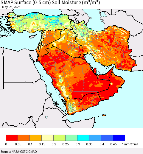 Middle East and Turkey SMAP Surface (0-5 cm) Soil Moisture (m³/m³) Thematic Map For 5/21/2023 - 5/25/2023