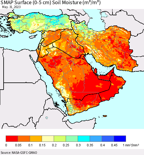 Middle East and Turkey SMAP Surface (0-5 cm) Soil Moisture (m³/m³) Thematic Map For 5/26/2023 - 5/31/2023