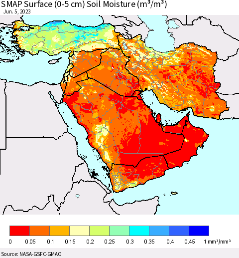 Middle East and Turkey SMAP Surface (0-5 cm) Soil Moisture (m³/m³) Thematic Map For 6/1/2023 - 6/5/2023