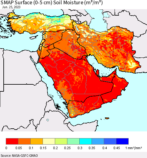 Middle East and Turkey SMAP Surface (0-5 cm) Soil Moisture (m³/m³) Thematic Map For 6/21/2023 - 6/25/2023