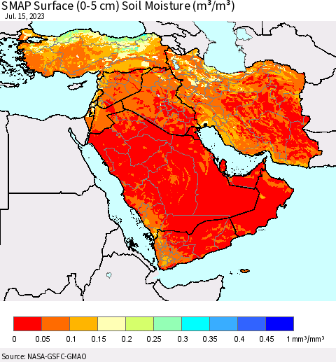 Middle East and Turkey SMAP Surface (0-5 cm) Soil Moisture (m³/m³) Thematic Map For 7/11/2023 - 7/15/2023