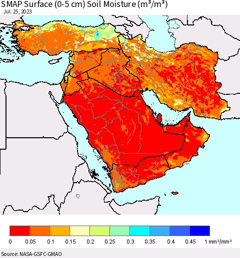 Middle East and Turkey SMAP Surface (0-5 cm) Soil Moisture (m³/m³) Thematic Map For 7/21/2023 - 7/25/2023