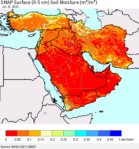 Middle East and Turkey SMAP Surface (0-5 cm) Soil Moisture (m³/m³) Thematic Map For 7/26/2023 - 7/31/2023
