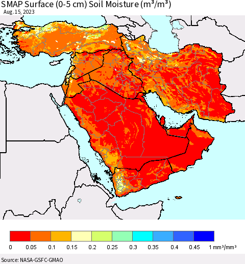 Middle East and Turkey SMAP Surface (0-5 cm) Soil Moisture (m³/m³) Thematic Map For 8/11/2023 - 8/15/2023