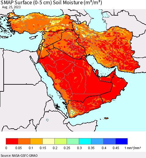 Middle East and Turkey SMAP Surface (0-5 cm) Soil Moisture (m³/m³) Thematic Map For 8/21/2023 - 8/25/2023