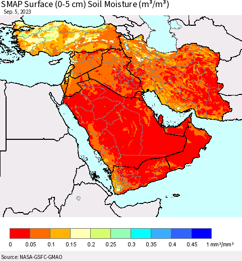 Middle East and Turkey SMAP Surface (0-5 cm) Soil Moisture (m³/m³) Thematic Map For 9/1/2023 - 9/5/2023
