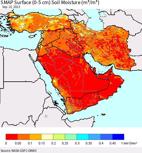 Middle East and Turkey SMAP Surface (0-5 cm) Soil Moisture (m³/m³) Thematic Map For 9/6/2023 - 9/10/2023