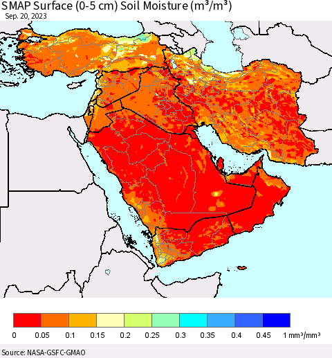 Middle East and Turkey SMAP Surface (0-5 cm) Soil Moisture (m³/m³) Thematic Map For 9/16/2023 - 9/20/2023