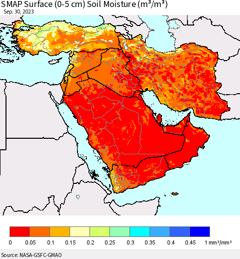 Middle East and Turkey SMAP Surface (0-5 cm) Soil Moisture (m³/m³) Thematic Map For 9/26/2023 - 9/30/2023
