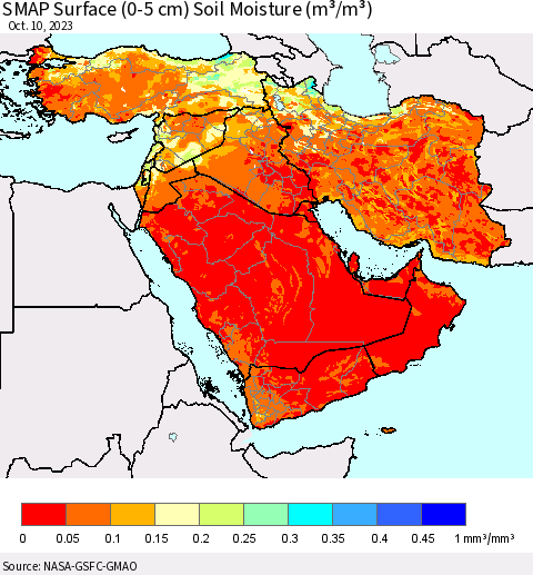 Middle East and Turkey SMAP Surface (0-5 cm) Soil Moisture (m³/m³) Thematic Map For 10/6/2023 - 10/10/2023