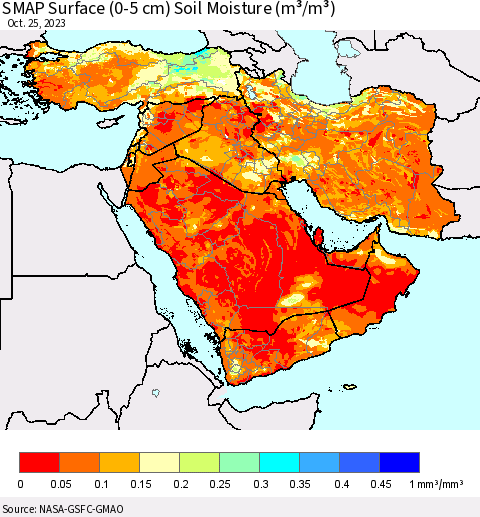Middle East and Turkey SMAP Surface (0-5 cm) Soil Moisture (m³/m³) Thematic Map For 10/21/2023 - 10/25/2023