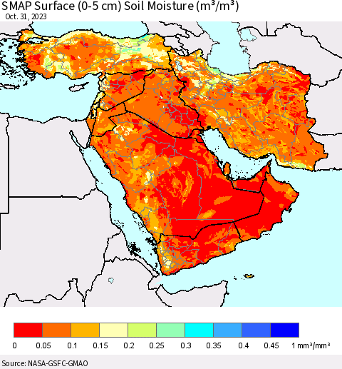 Middle East and Turkey SMAP Surface (0-5 cm) Soil Moisture (m³/m³) Thematic Map For 10/26/2023 - 10/31/2023