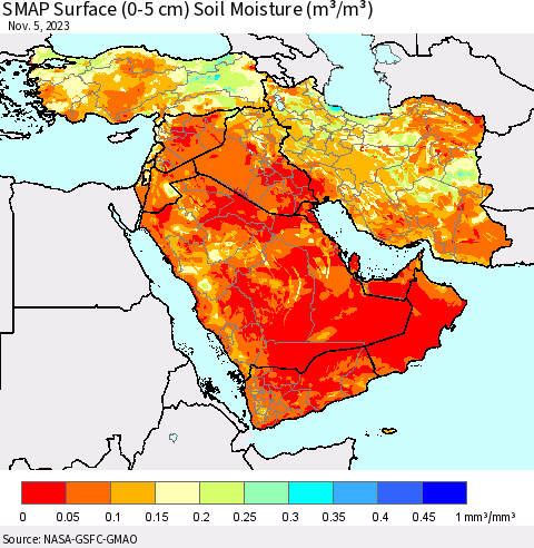 Middle East and Turkey SMAP Surface (0-5 cm) Soil Moisture (m³/m³) Thematic Map For 11/1/2023 - 11/5/2023