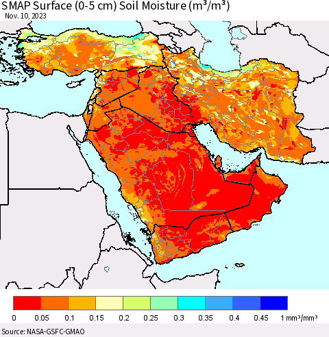 Middle East and Turkey SMAP Surface (0-5 cm) Soil Moisture (m³/m³) Thematic Map For 11/6/2023 - 11/10/2023