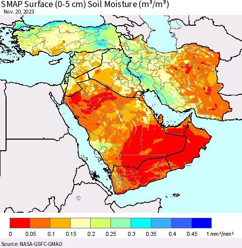 Middle East and Turkey SMAP Surface (0-5 cm) Soil Moisture (m³/m³) Thematic Map For 11/16/2023 - 11/20/2023