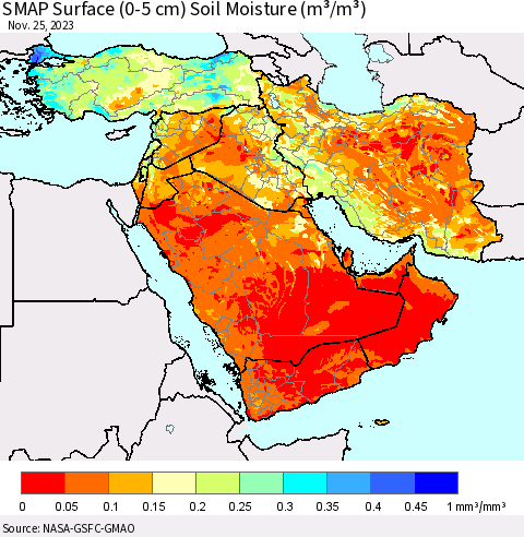Middle East and Turkey SMAP Surface (0-5 cm) Soil Moisture (m³/m³) Thematic Map For 11/21/2023 - 11/25/2023