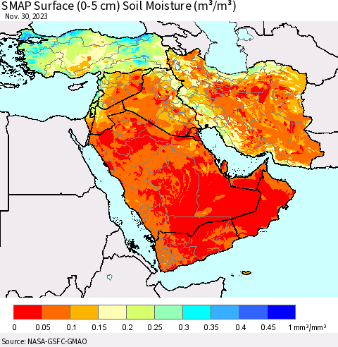Middle East and Turkey SMAP Surface (0-5 cm) Soil Moisture (m³/m³) Thematic Map For 11/26/2023 - 11/30/2023