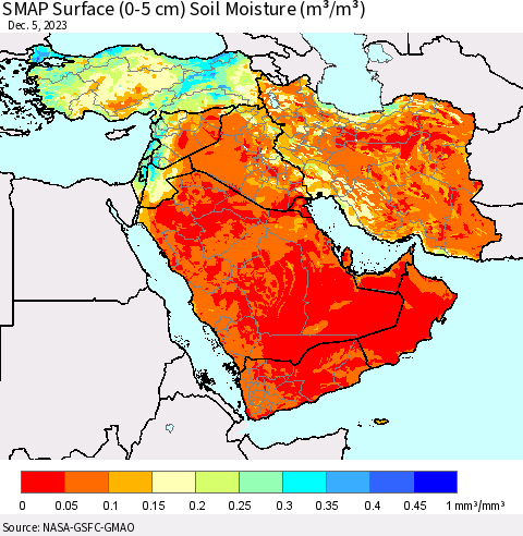 Middle East and Turkey SMAP Surface (0-5 cm) Soil Moisture (m³/m³) Thematic Map For 12/1/2023 - 12/5/2023