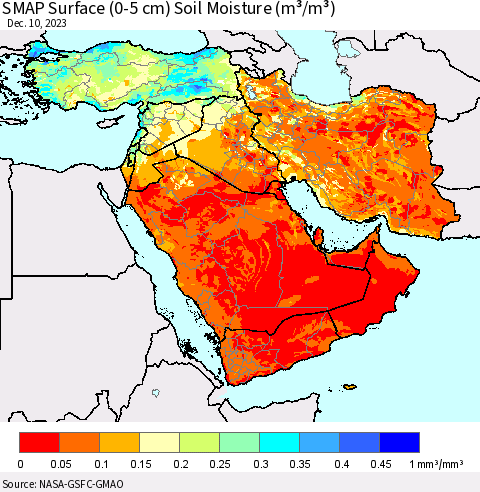 Middle East and Turkey SMAP Surface (0-5 cm) Soil Moisture (m³/m³) Thematic Map For 12/6/2023 - 12/10/2023