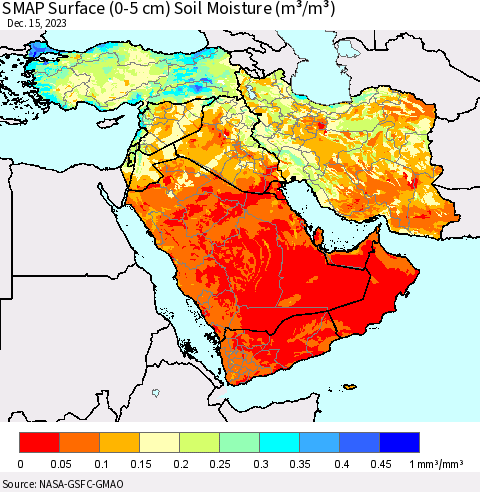 Middle East and Turkey SMAP Surface (0-5 cm) Soil Moisture (m³/m³) Thematic Map For 12/11/2023 - 12/15/2023