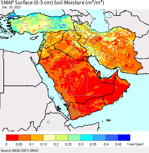 Middle East and Turkey SMAP Surface (0-5 cm) Soil Moisture (m³/m³) Thematic Map For 12/16/2023 - 12/20/2023
