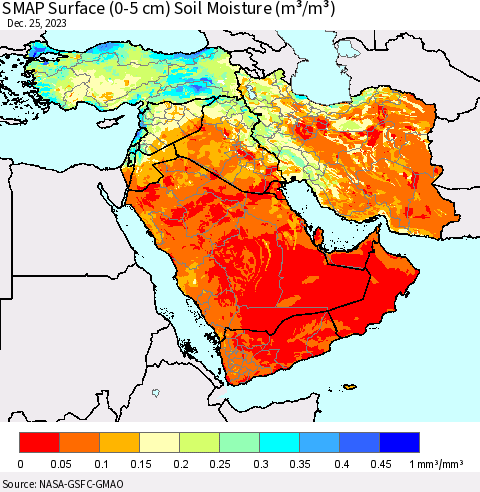 Middle East and Turkey SMAP Surface (0-5 cm) Soil Moisture (m³/m³) Thematic Map For 12/21/2023 - 12/25/2023