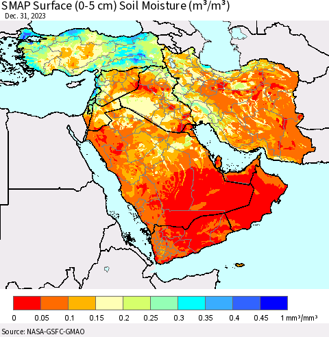Middle East and Turkey SMAP Surface (0-5 cm) Soil Moisture (m³/m³) Thematic Map For 12/26/2023 - 12/31/2023