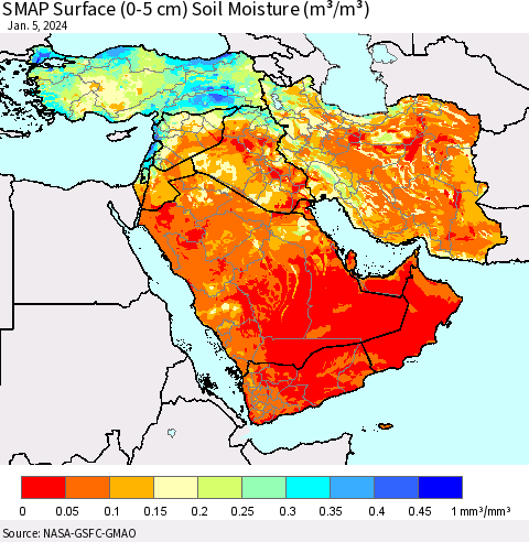 Middle East and Turkey SMAP Surface (0-5 cm) Soil Moisture (m³/m³) Thematic Map For 1/1/2024 - 1/5/2024