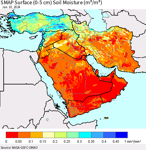Middle East and Turkey SMAP Surface (0-5 cm) Soil Moisture (m³/m³) Thematic Map For 1/6/2024 - 1/10/2024