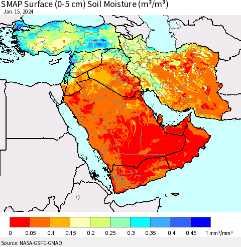Middle East and Turkey SMAP Surface (0-5 cm) Soil Moisture (m³/m³) Thematic Map For 1/11/2024 - 1/15/2024