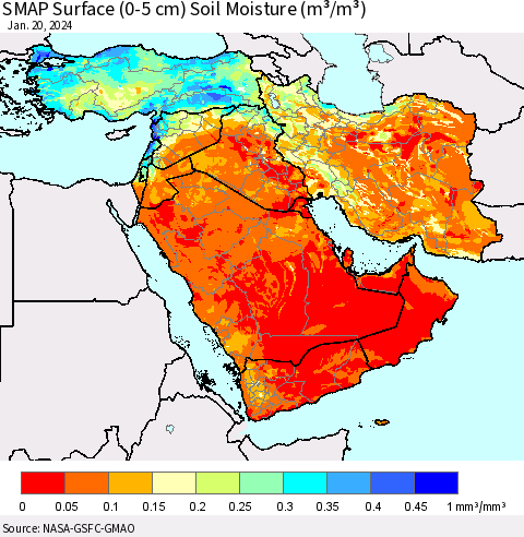 Middle East and Turkey SMAP Surface (0-5 cm) Soil Moisture (m³/m³) Thematic Map For 1/16/2024 - 1/20/2024