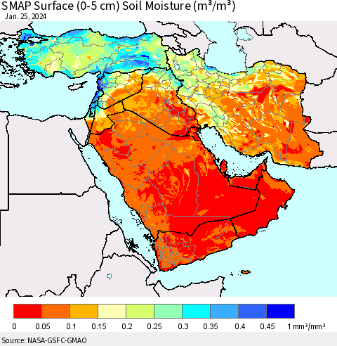 Middle East and Turkey SMAP Surface (0-5 cm) Soil Moisture (m³/m³) Thematic Map For 1/21/2024 - 1/25/2024
