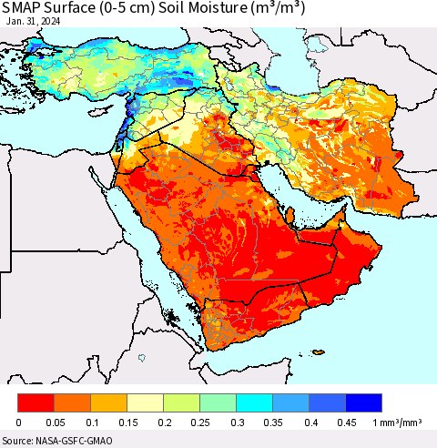 Middle East and Turkey SMAP Surface (0-5 cm) Soil Moisture (m³/m³) Thematic Map For 1/26/2024 - 1/31/2024