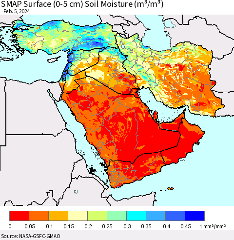 Middle East and Turkey SMAP Surface (0-5 cm) Soil Moisture (m³/m³) Thematic Map For 2/1/2024 - 2/5/2024