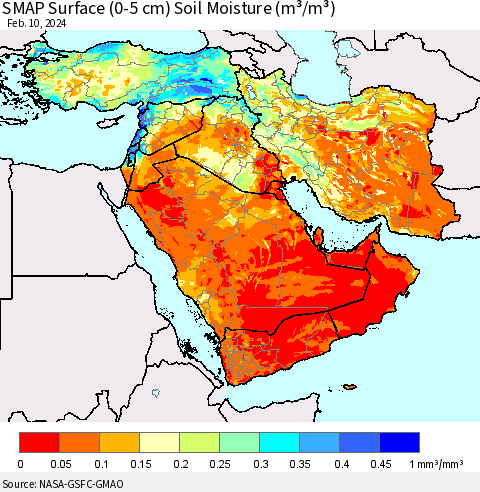 Middle East and Turkey SMAP Surface (0-5 cm) Soil Moisture (m³/m³) Thematic Map For 2/6/2024 - 2/10/2024