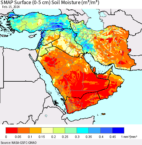 Middle East and Turkey SMAP Surface (0-5 cm) Soil Moisture (m³/m³) Thematic Map For 2/11/2024 - 2/15/2024