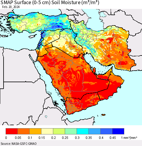 Middle East and Turkey SMAP Surface (0-5 cm) Soil Moisture (m³/m³) Thematic Map For 2/16/2024 - 2/20/2024