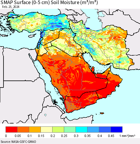 Middle East and Turkey SMAP Surface (0-5 cm) Soil Moisture (m³/m³) Thematic Map For 2/21/2024 - 2/25/2024