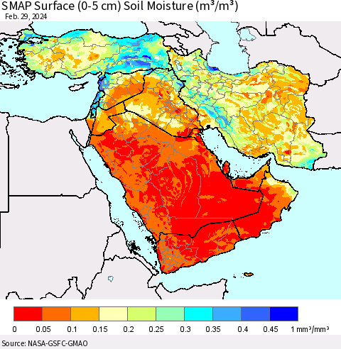 Middle East and Turkey SMAP Surface (0-5 cm) Soil Moisture (m³/m³) Thematic Map For 2/26/2024 - 2/29/2024