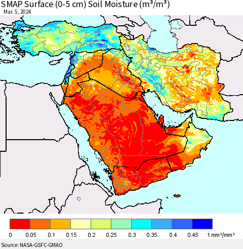 Middle East and Turkey SMAP Surface (0-5 cm) Soil Moisture (m³/m³) Thematic Map For 3/1/2024 - 3/5/2024
