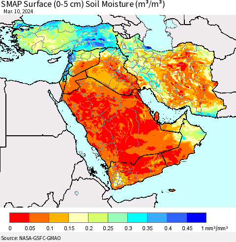 Middle East and Turkey SMAP Surface (0-5 cm) Soil Moisture (m³/m³) Thematic Map For 3/6/2024 - 3/10/2024