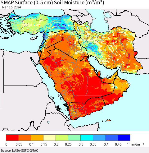 Middle East and Turkey SMAP Surface (0-5 cm) Soil Moisture (m³/m³) Thematic Map For 3/11/2024 - 3/15/2024