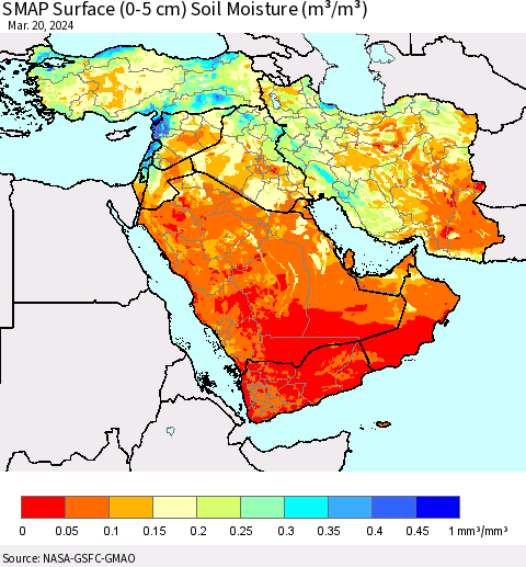 Middle East and Turkey SMAP Surface (0-5 cm) Soil Moisture (m³/m³) Thematic Map For 3/16/2024 - 3/20/2024