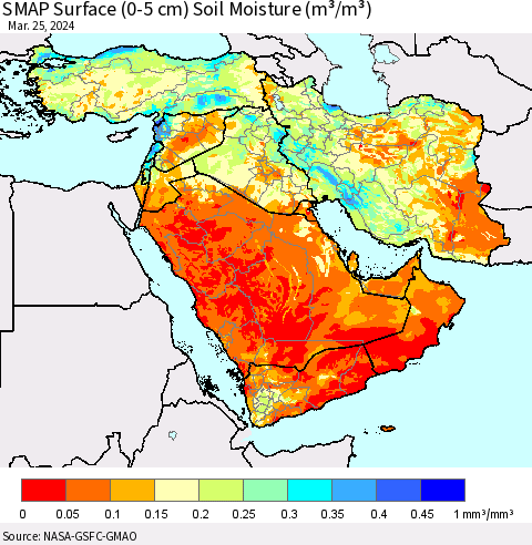 Middle East and Turkey SMAP Surface (0-5 cm) Soil Moisture (m³/m³) Thematic Map For 3/21/2024 - 3/25/2024