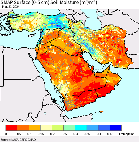 Middle East and Turkey SMAP Surface (0-5 cm) Soil Moisture (m³/m³) Thematic Map For 3/26/2024 - 3/31/2024