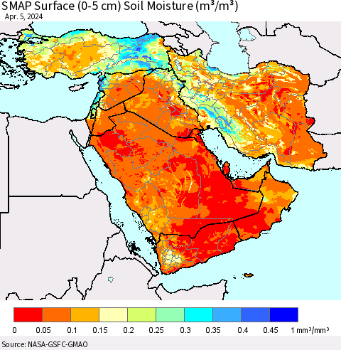 Middle East and Turkey SMAP Surface (0-5 cm) Soil Moisture (m³/m³) Thematic Map For 4/1/2024 - 4/5/2024