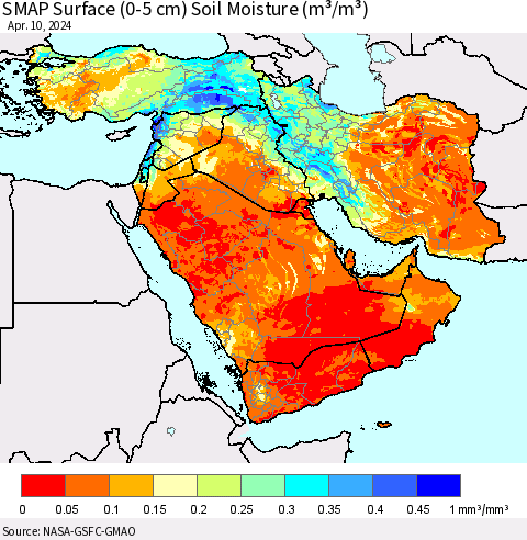 Middle East and Turkey SMAP Surface (0-5 cm) Soil Moisture (m³/m³) Thematic Map For 4/6/2024 - 4/10/2024